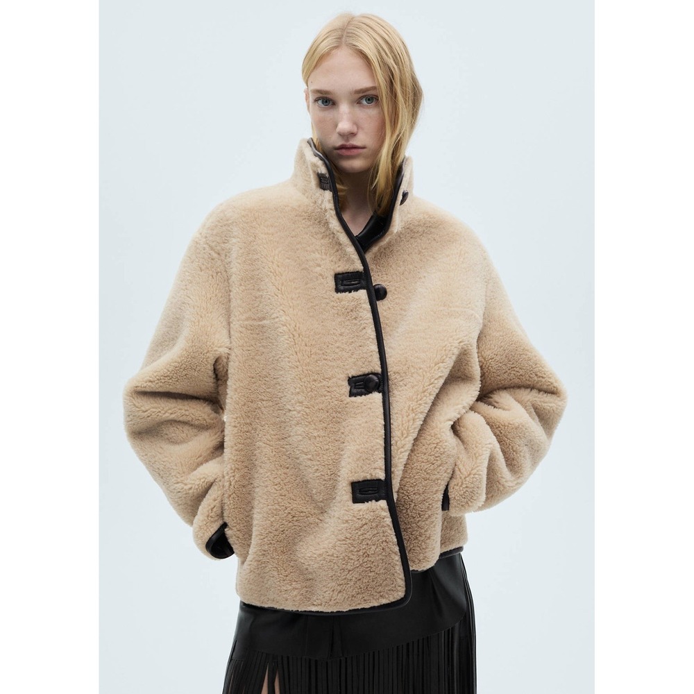 MANGO Short Faux Fur Effect Coat Beige Oversized High Neck Lined Button Front M